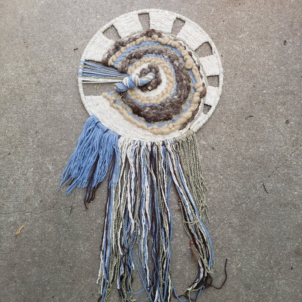 Vintage 1980s Woven‎ Wool Fiber Art Dream Catcher Wall Hanging